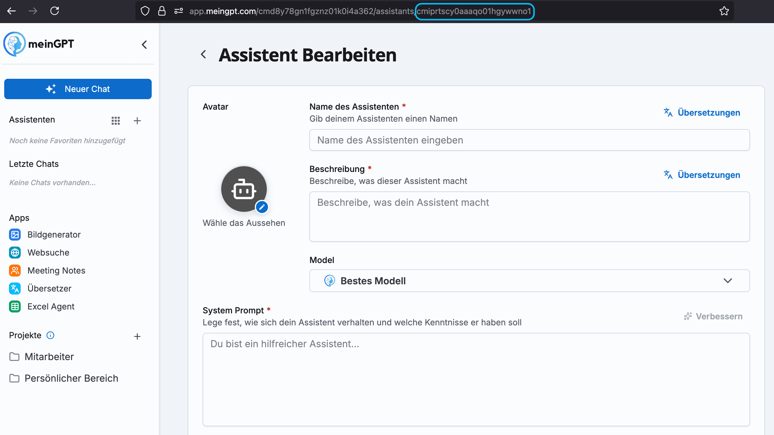 AssistantId im Assistant Bearbeitungsmodus