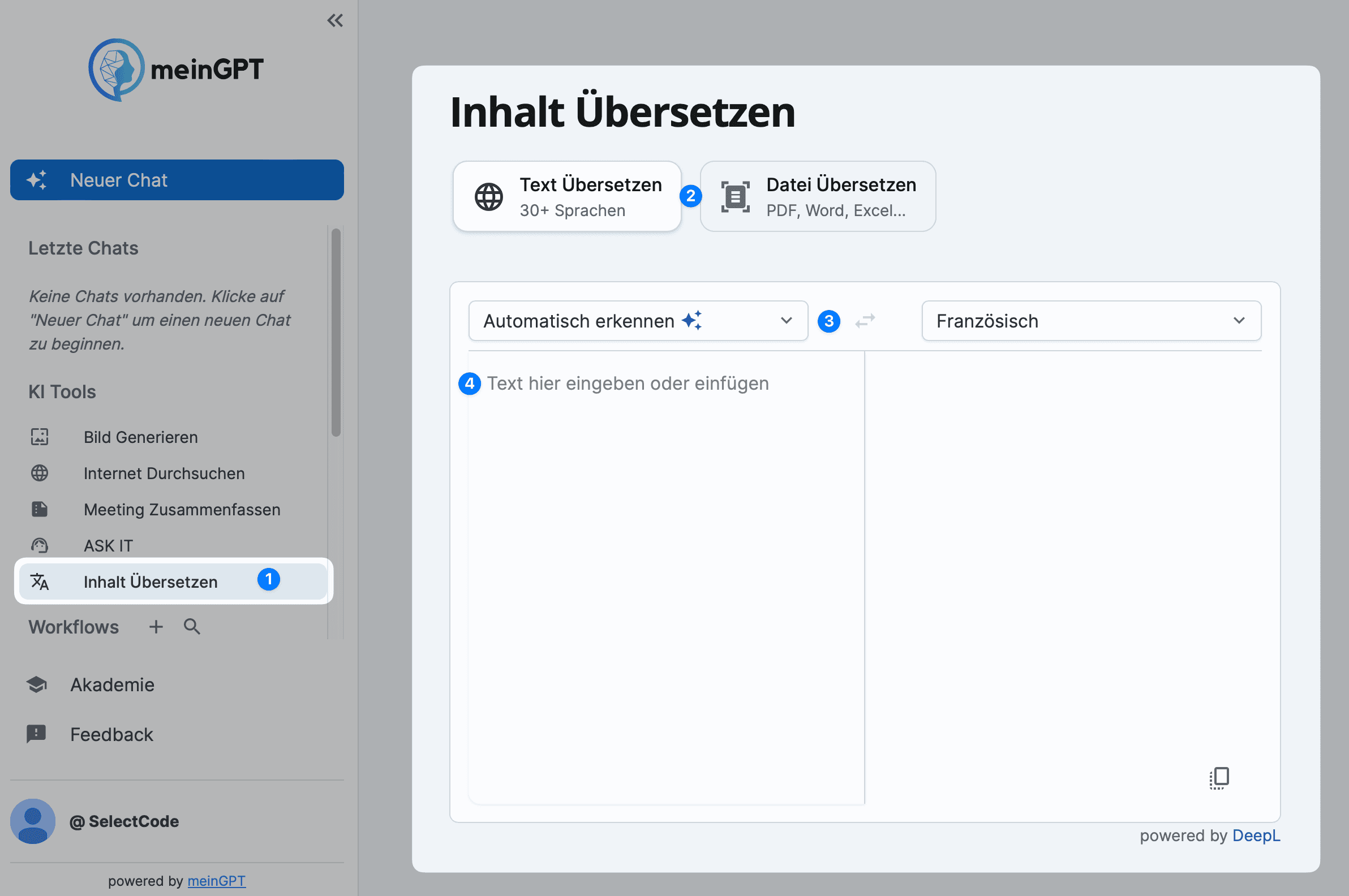 Screenshot der Auswahloption für das Übersetzungsfeature auf der meinGPT-Plattform